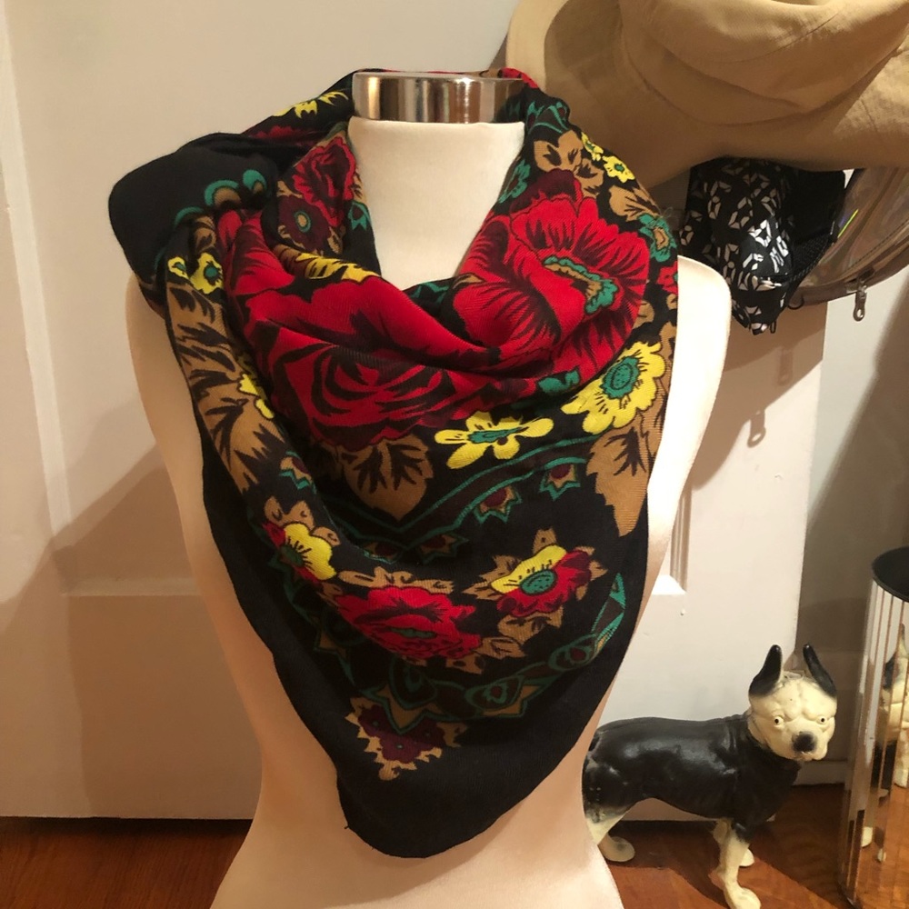 Black scarf with red and yellow flowers
